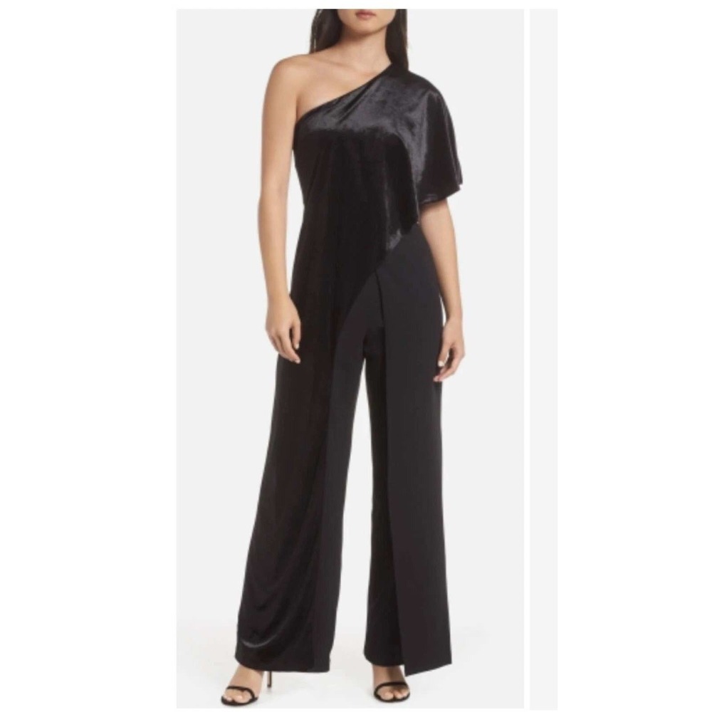 Adrianna Papell Black One Shoulder Velvet Overlay Wide Leg Jumpsuit Sz 14